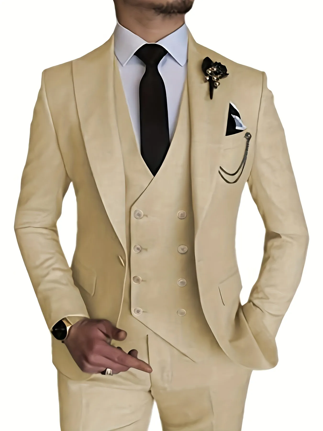 3pcs Men's Gentlemen Suits With Slim Fit Blazer Double Breasted Vest Pants Set