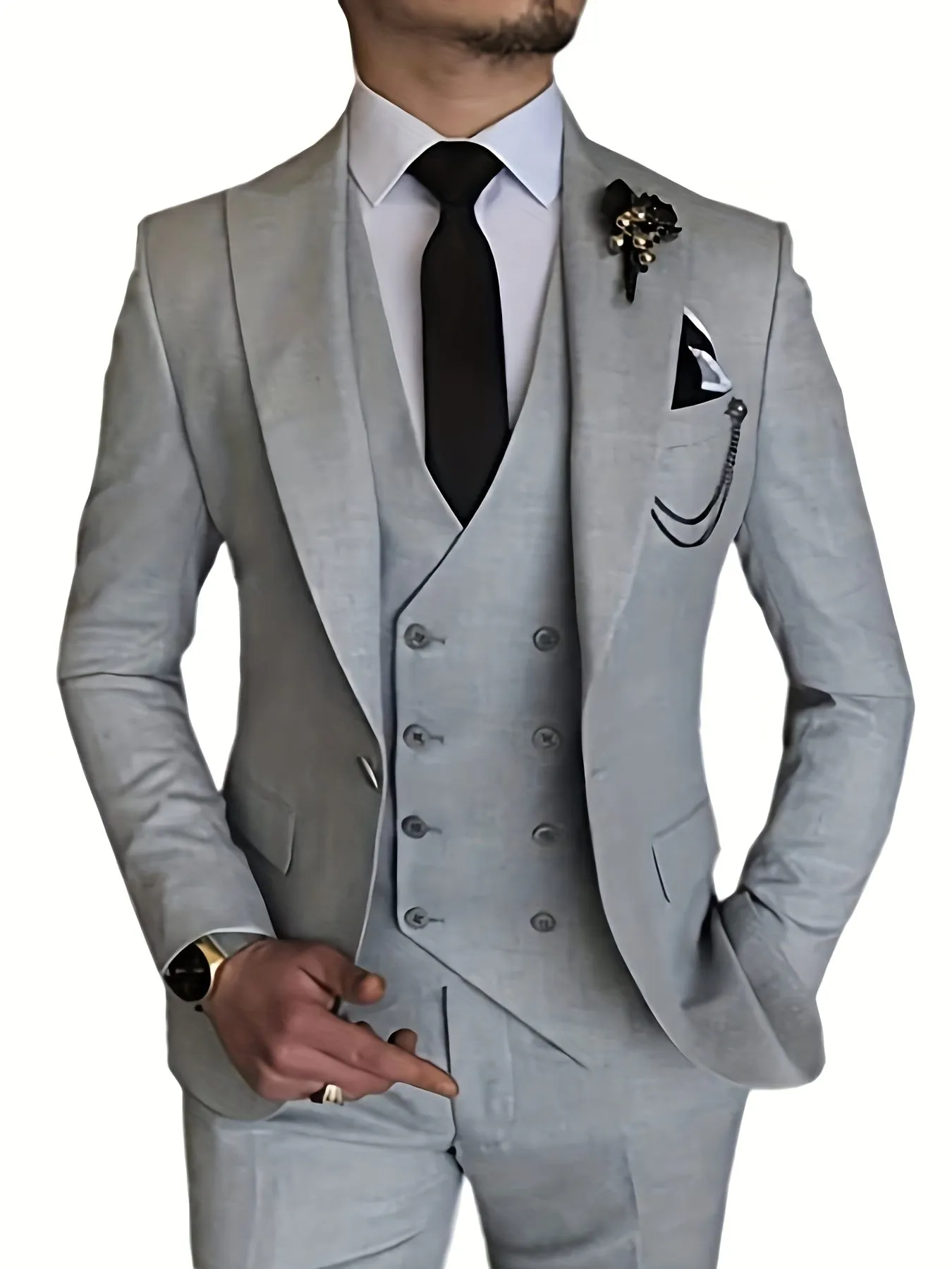 3pcs Men's Gentlemen Suits With Slim Fit Blazer Double Breasted Vest Pants Set