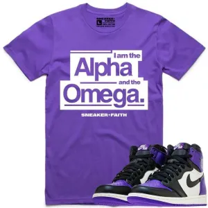 ALPHA OMEGA Sneaker Tees Shirt to Match - Jordan Retro 1 "Court Purple"