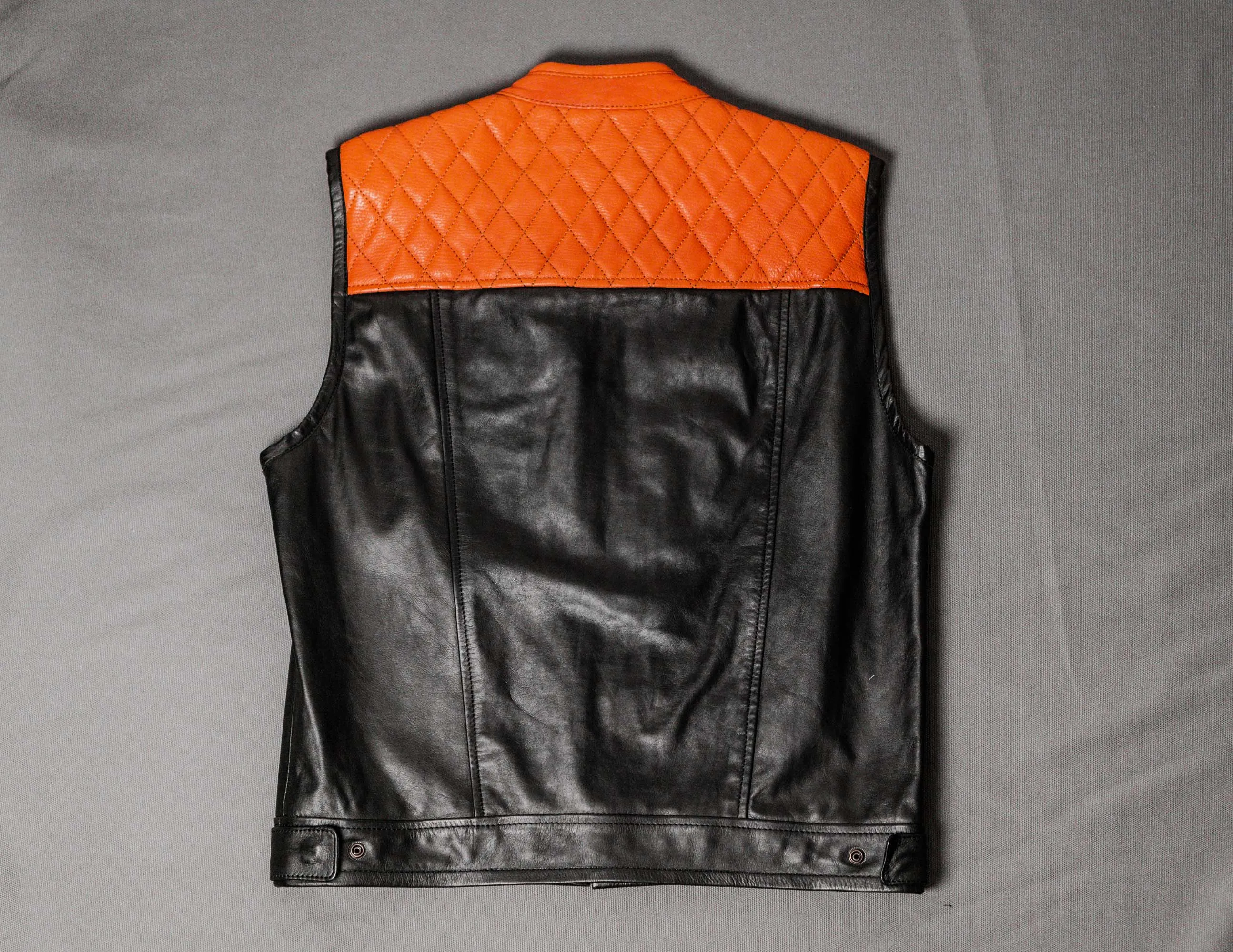 Black Orange Leather Motorcycle Vest with Diamond Stitched | HandCrafted