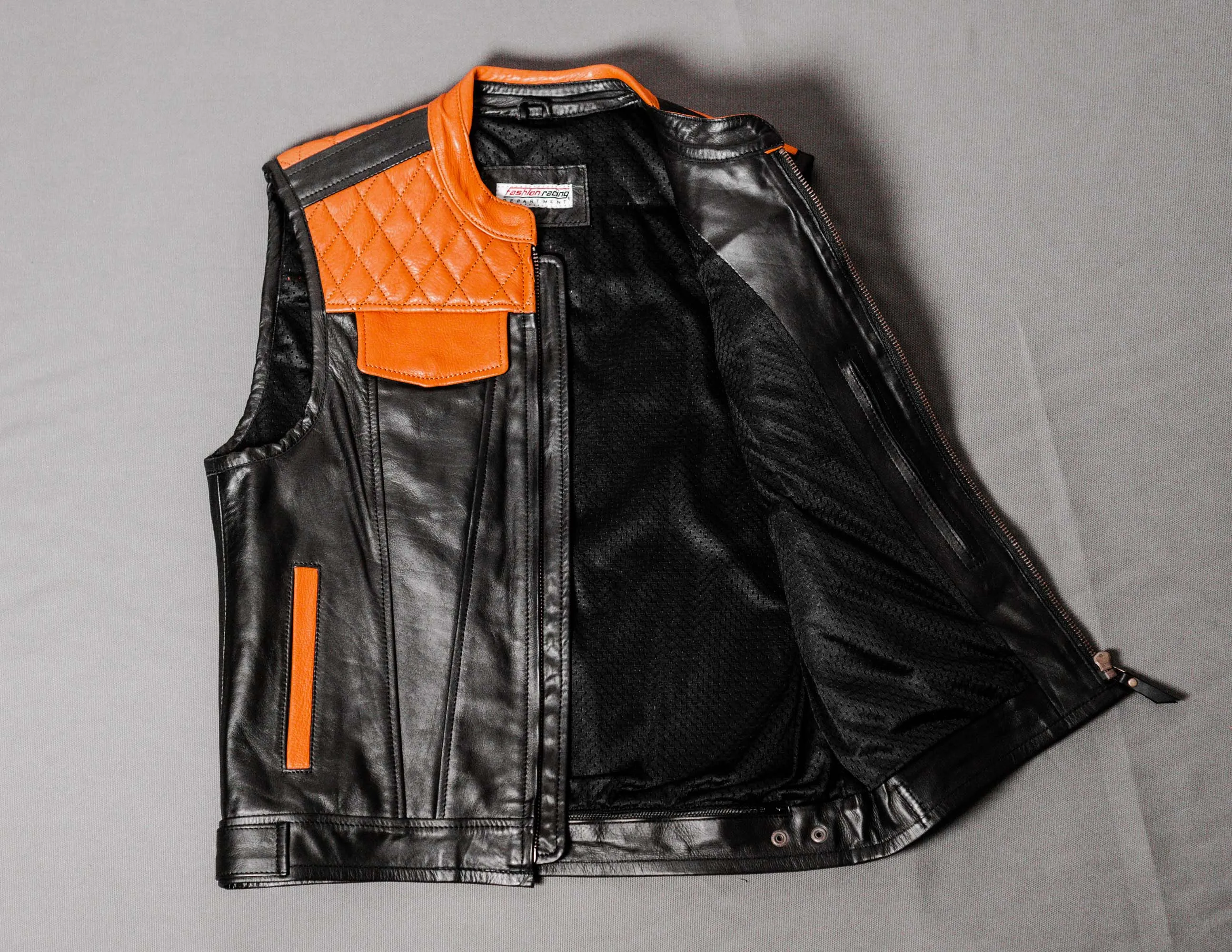 Black Orange Leather Motorcycle Vest with Diamond Stitched | HandCrafted