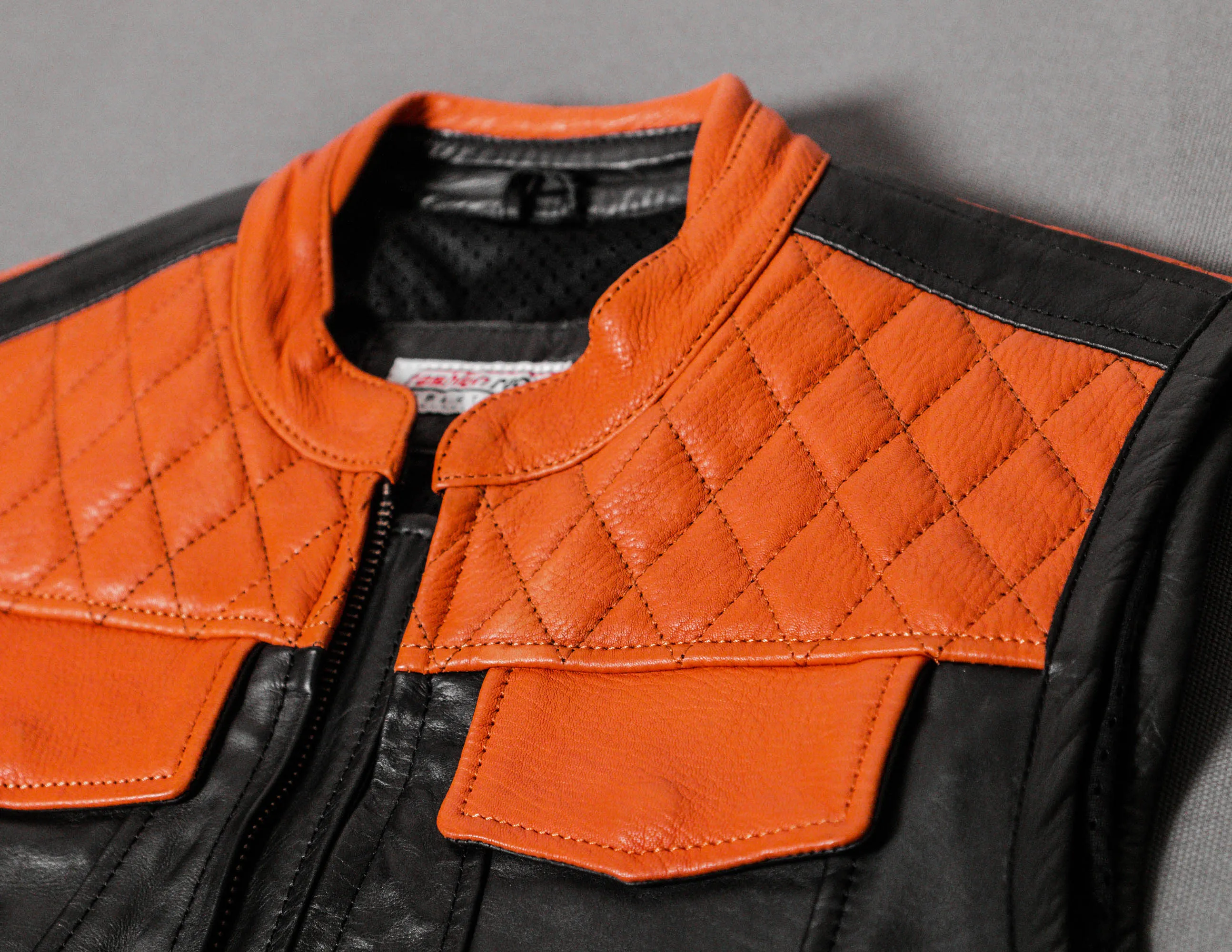 Black Orange Leather Motorcycle Vest with Diamond Stitched | HandCrafted