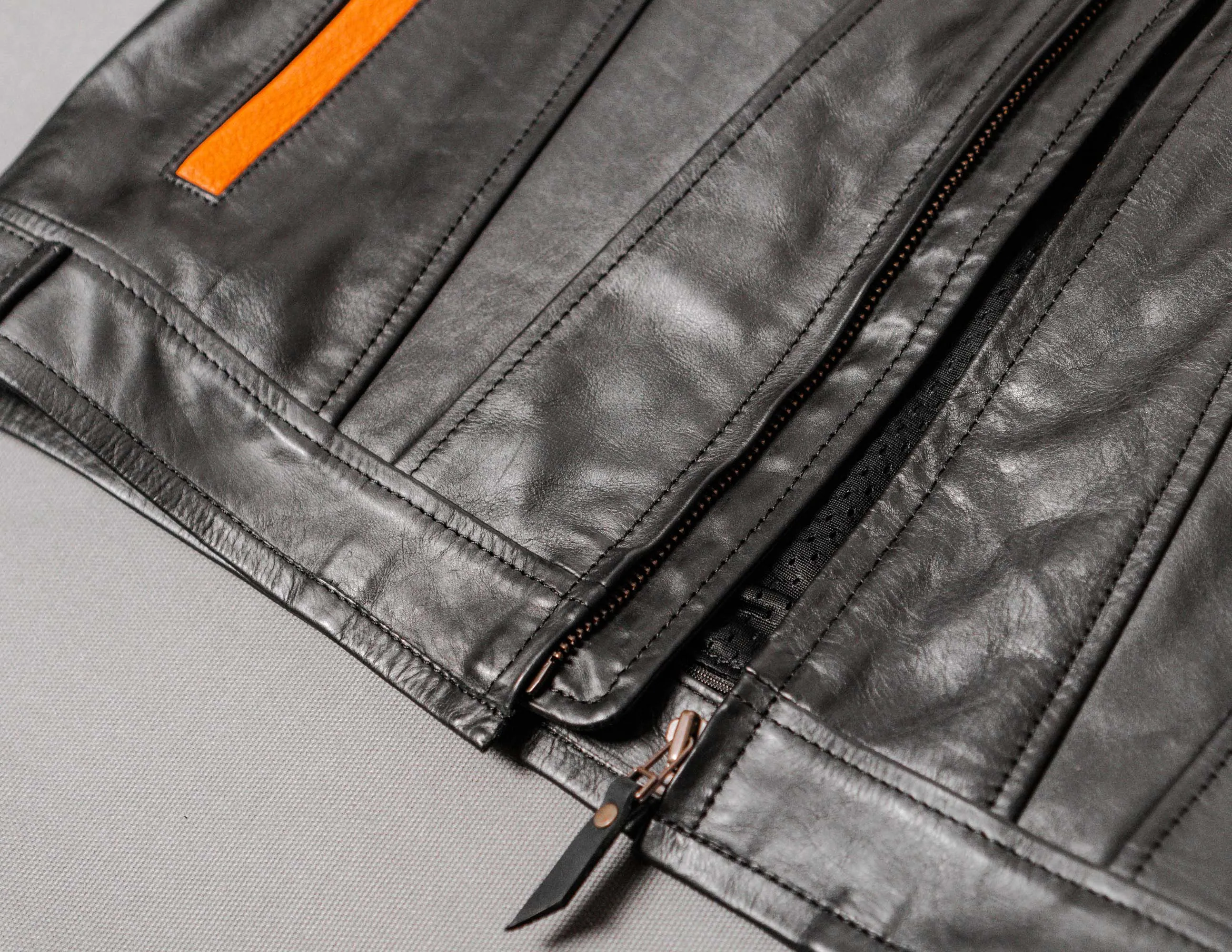 Black Orange Leather Motorcycle Vest with Diamond Stitched | HandCrafted