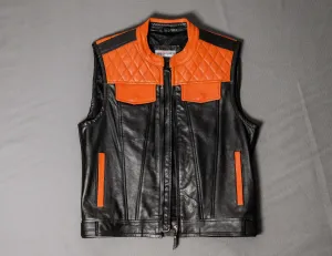 Black Orange Leather Motorcycle Vest with Diamond Stitched | HandCrafted