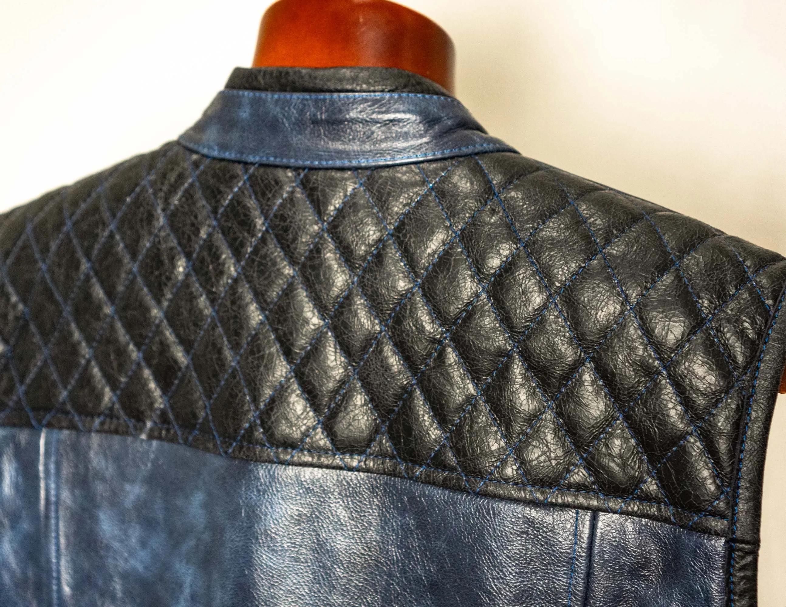 Blue Black Leather Vest, Motorcycle Vest Diamond Stitched | HandCrafted