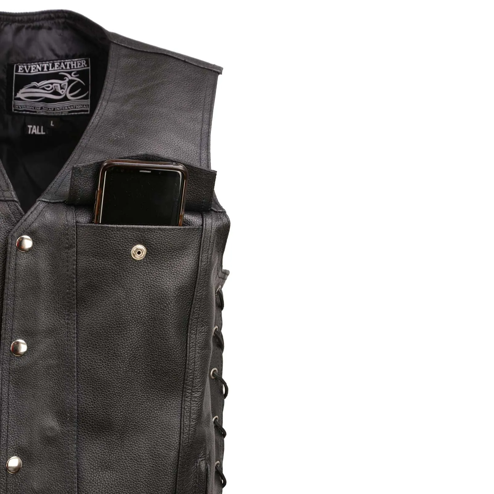 Event Leather EL5360TALL Black Motorcycle Leather Vest Tall Sizes with Denim Style Pockets -Riding Club Adult Vests