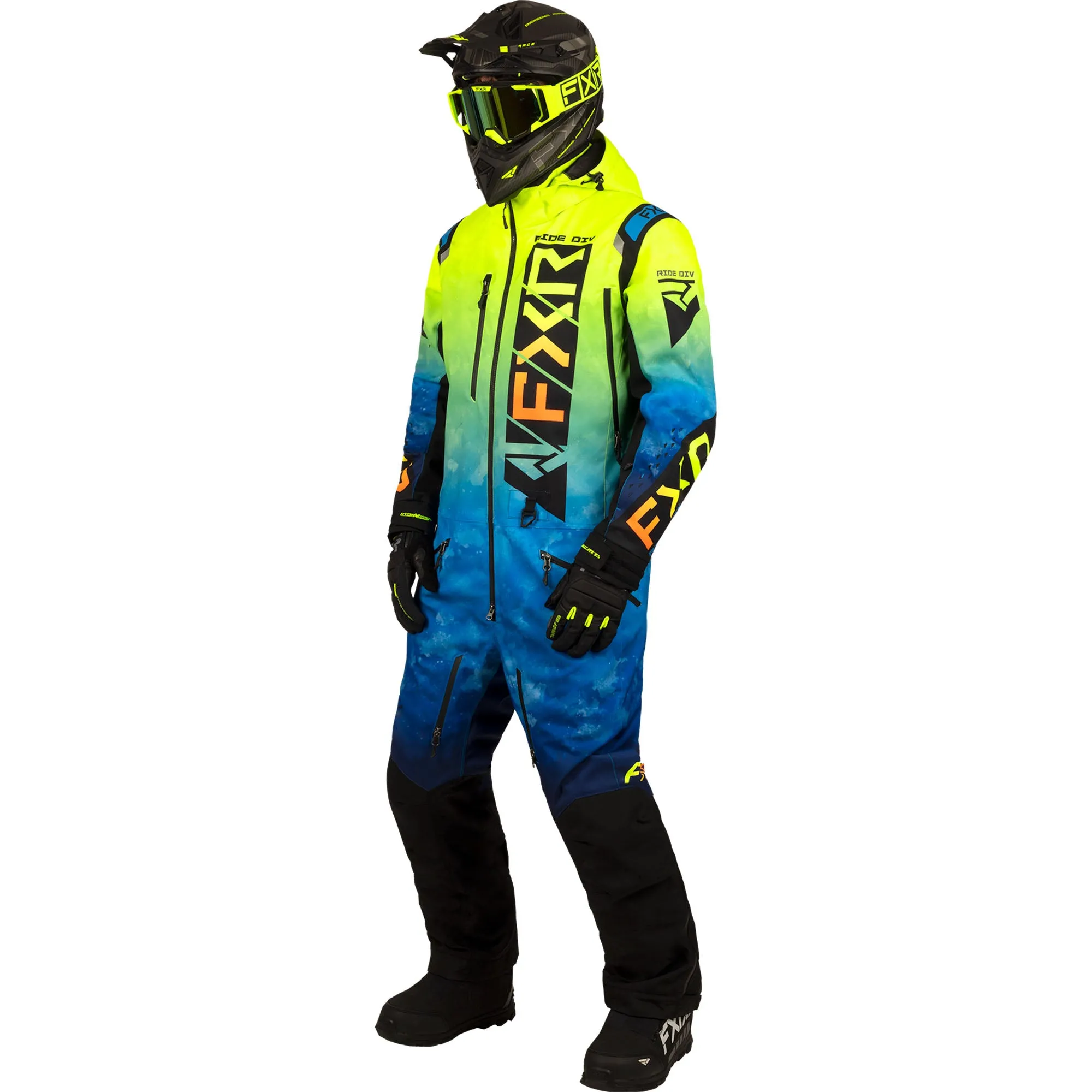 FXR Helium Insulated Snowmobile Monosuit Blue-HiVis Fade/Inferno