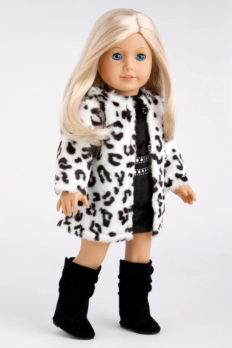 Glamour Girl - Clothes for 18 inch Doll - Snow Leopard Faux Fur Coat with Black Velvet Dress and Boots