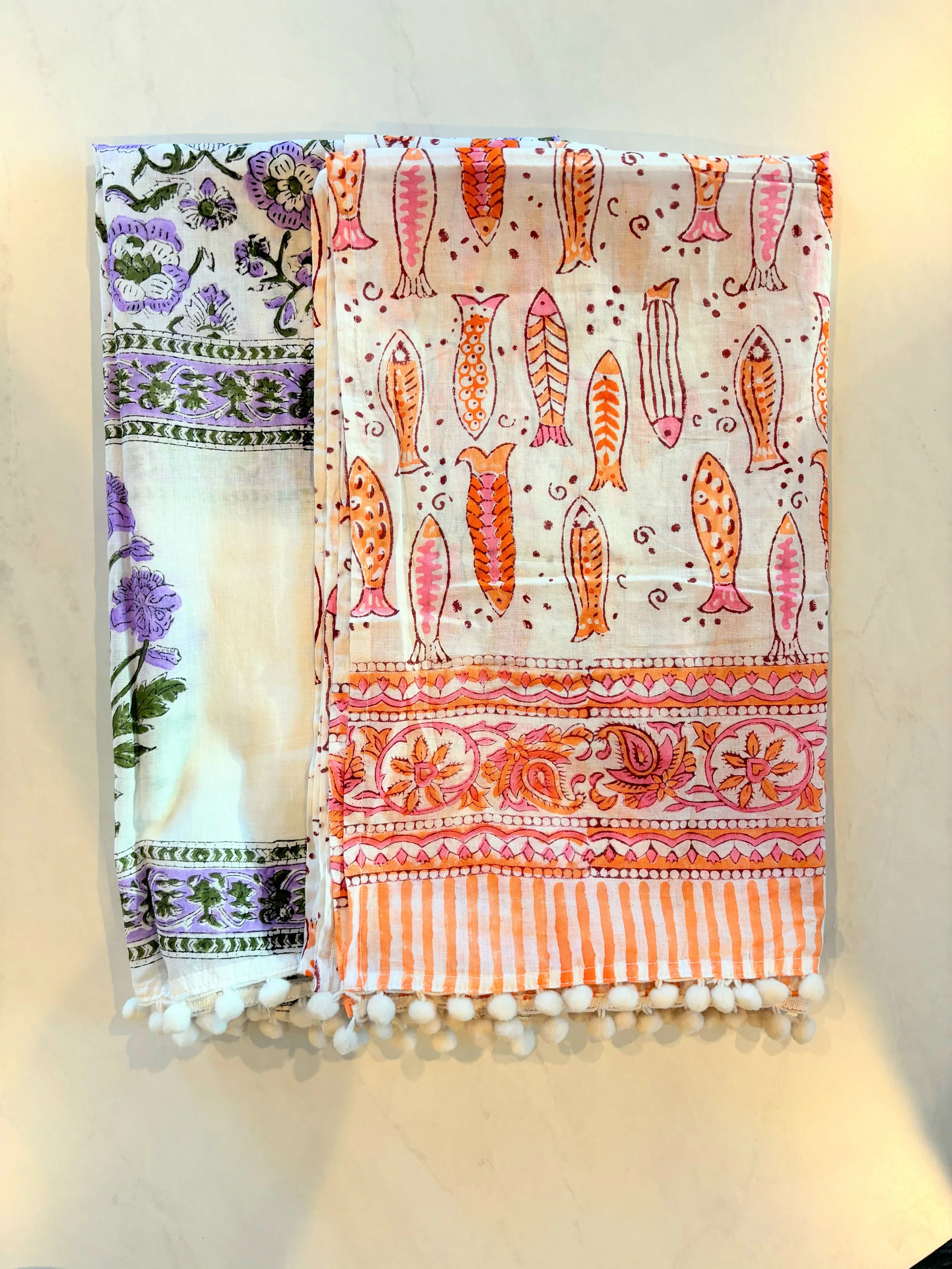 Handmade Organic Cotton Printed Scarves Women with Tassels - Pack of 2