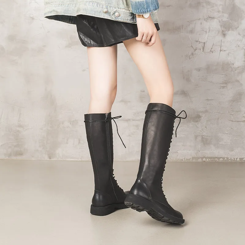 Handmade Waxing Leather Lace up Knee High Boots Side Zip Riding Boots in Black Saddle Boots