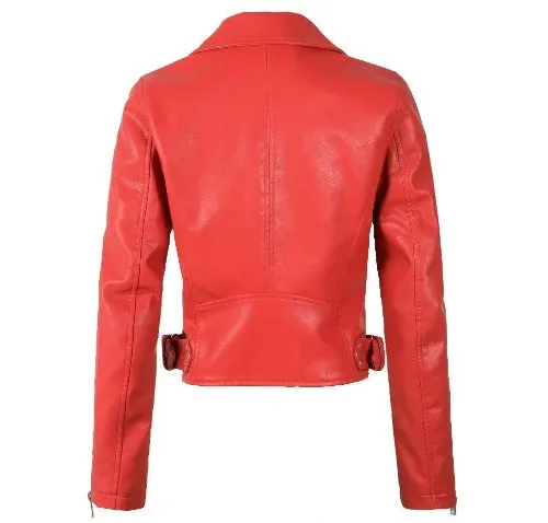 Hot Sale Red Leather Jacket Women Short Motorcycle Biker Jackets Veste Cuir Femme Black Soft Coats