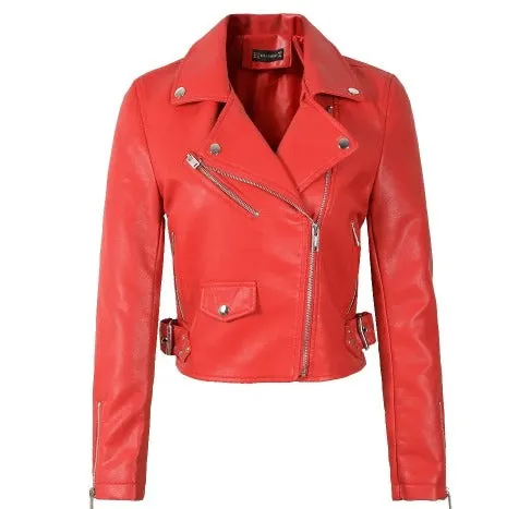 Hot Sale Red Leather Jacket Women Short Motorcycle Biker Jackets Veste Cuir Femme Black Soft Coats