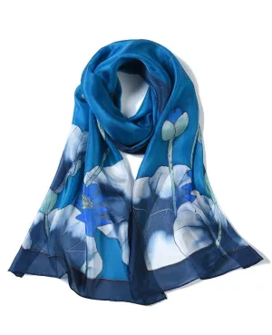 Long Hand Painted Silk Scarf - Blue Lotus