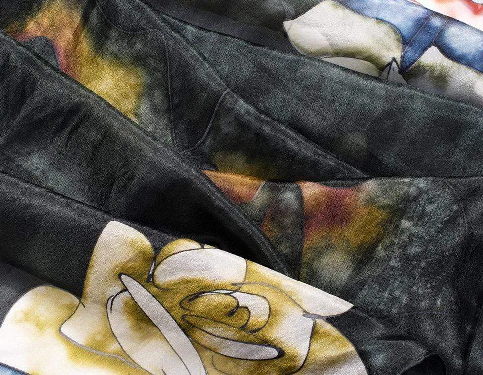 Long Hand Painted Silk Scarf - Blue Roses