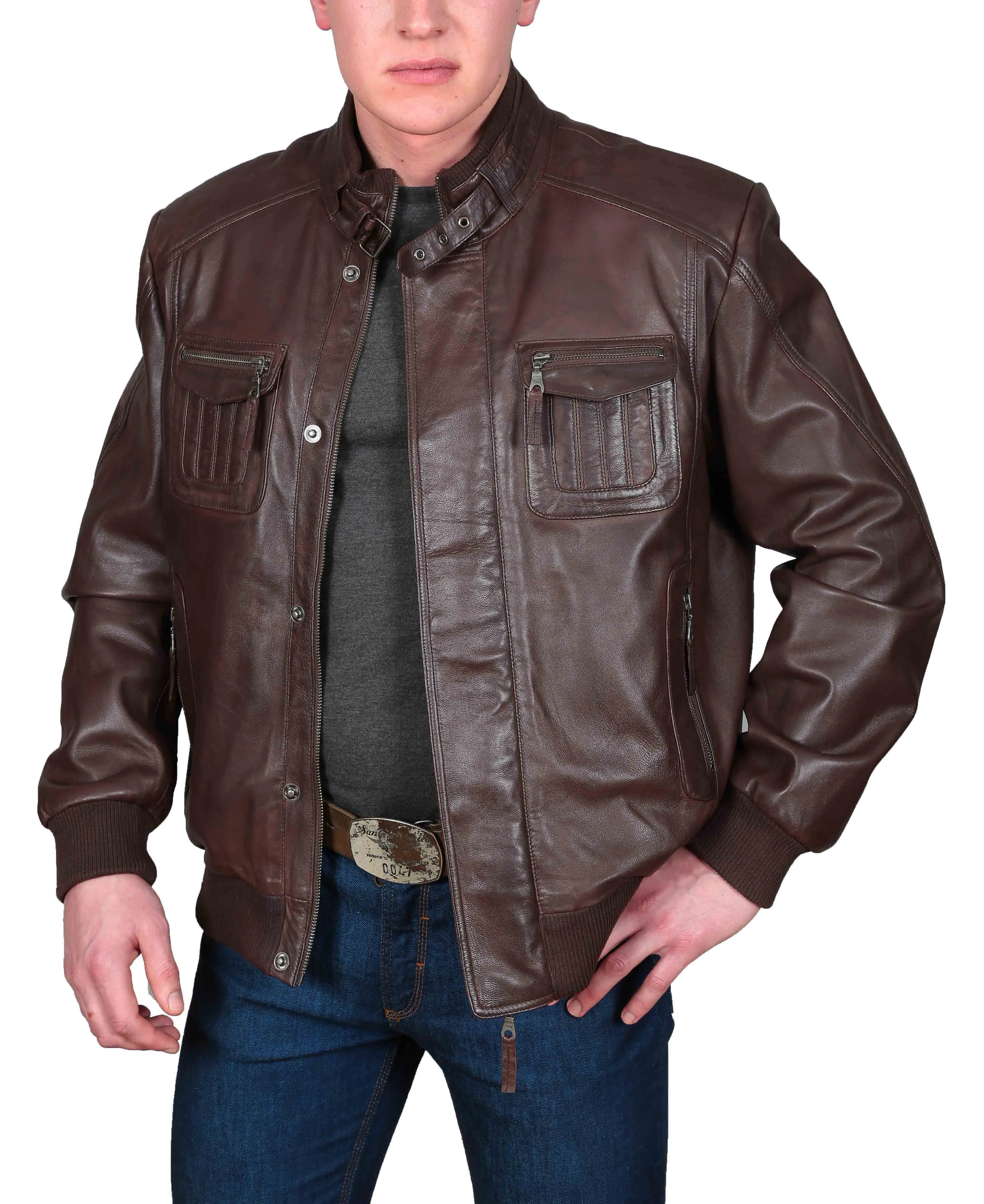 Mens Bomber Soft Leather Jacket Zip Fasten Ryan Brown