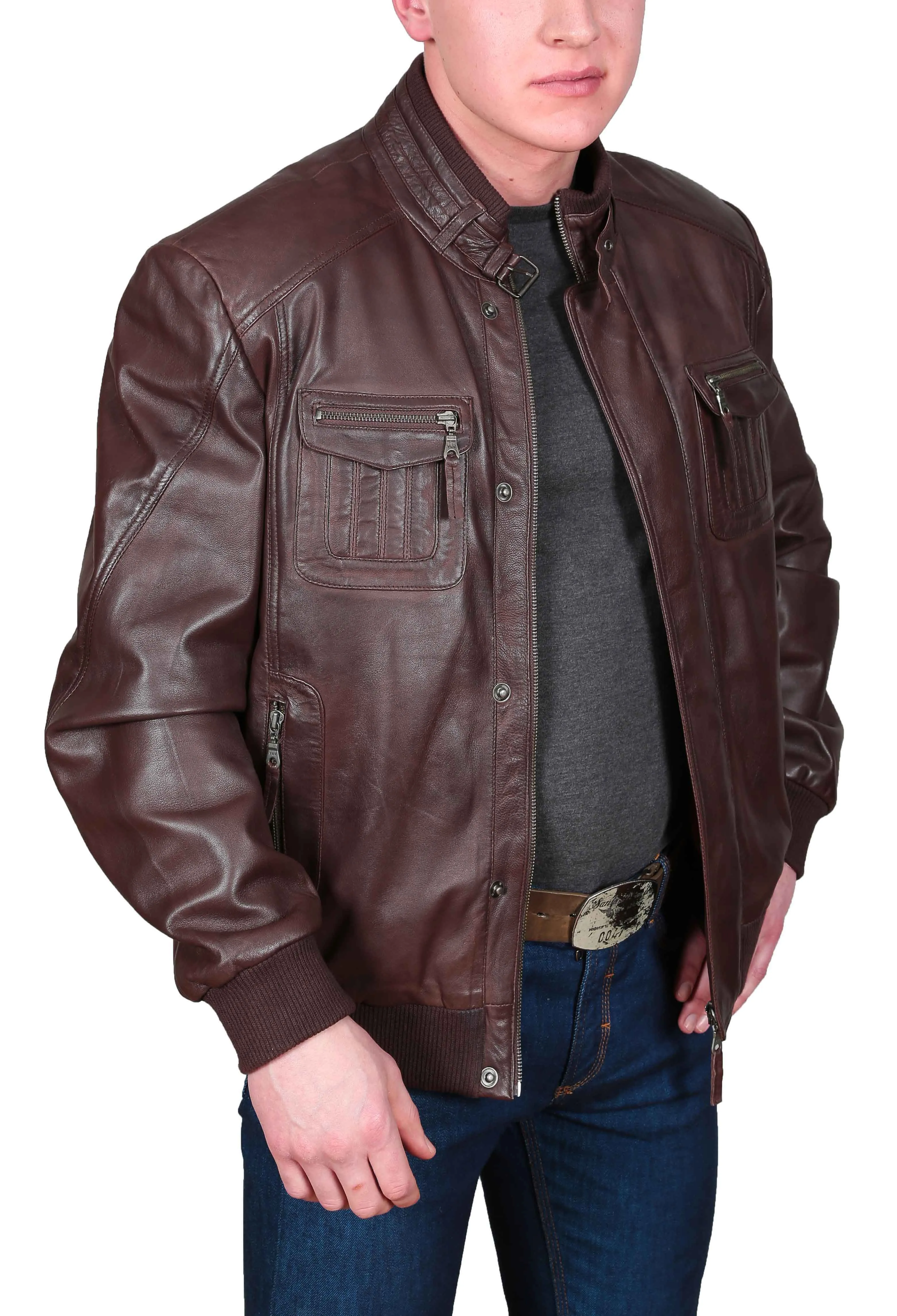 Mens Bomber Soft Leather Jacket Zip Fasten Ryan Brown