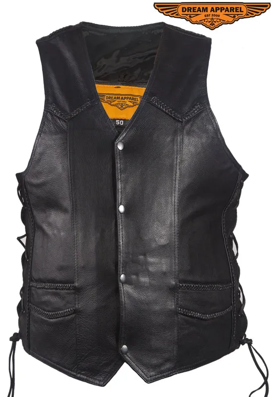 Mens Leather Motorcycle Vest With Huge Gun Pocket