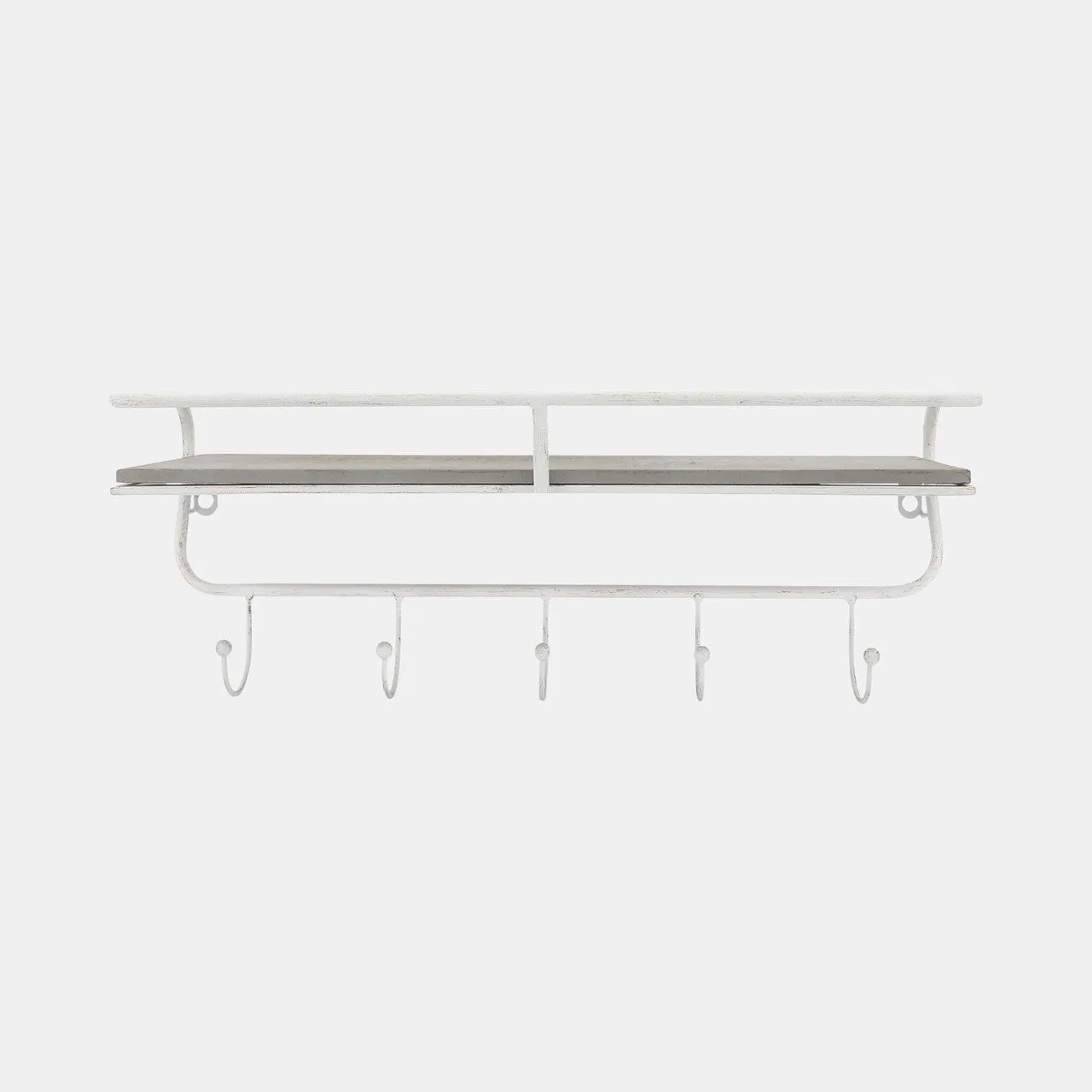 Metal/wood 20" 5 Hook Wall Shelf, White/gray