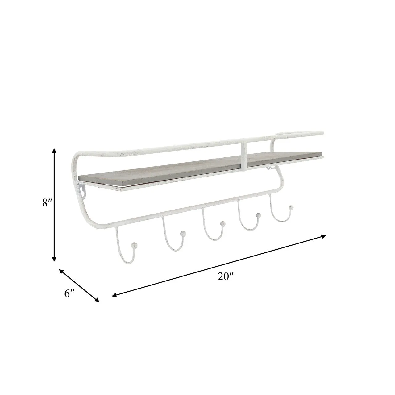 Metal/wood 20" 5 Hook Wall Shelf, White/gray