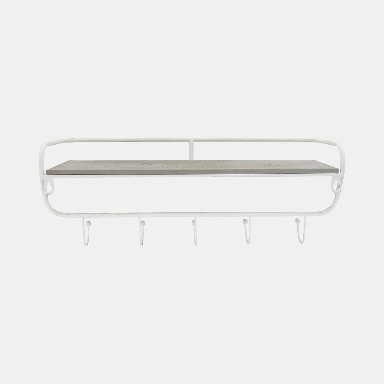 Metal/wood 20" 5 Hook Wall Shelf, White/gray