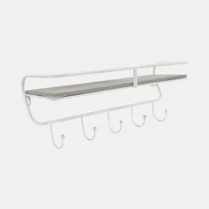 Metal/wood 20" 5 Hook Wall Shelf, White/gray