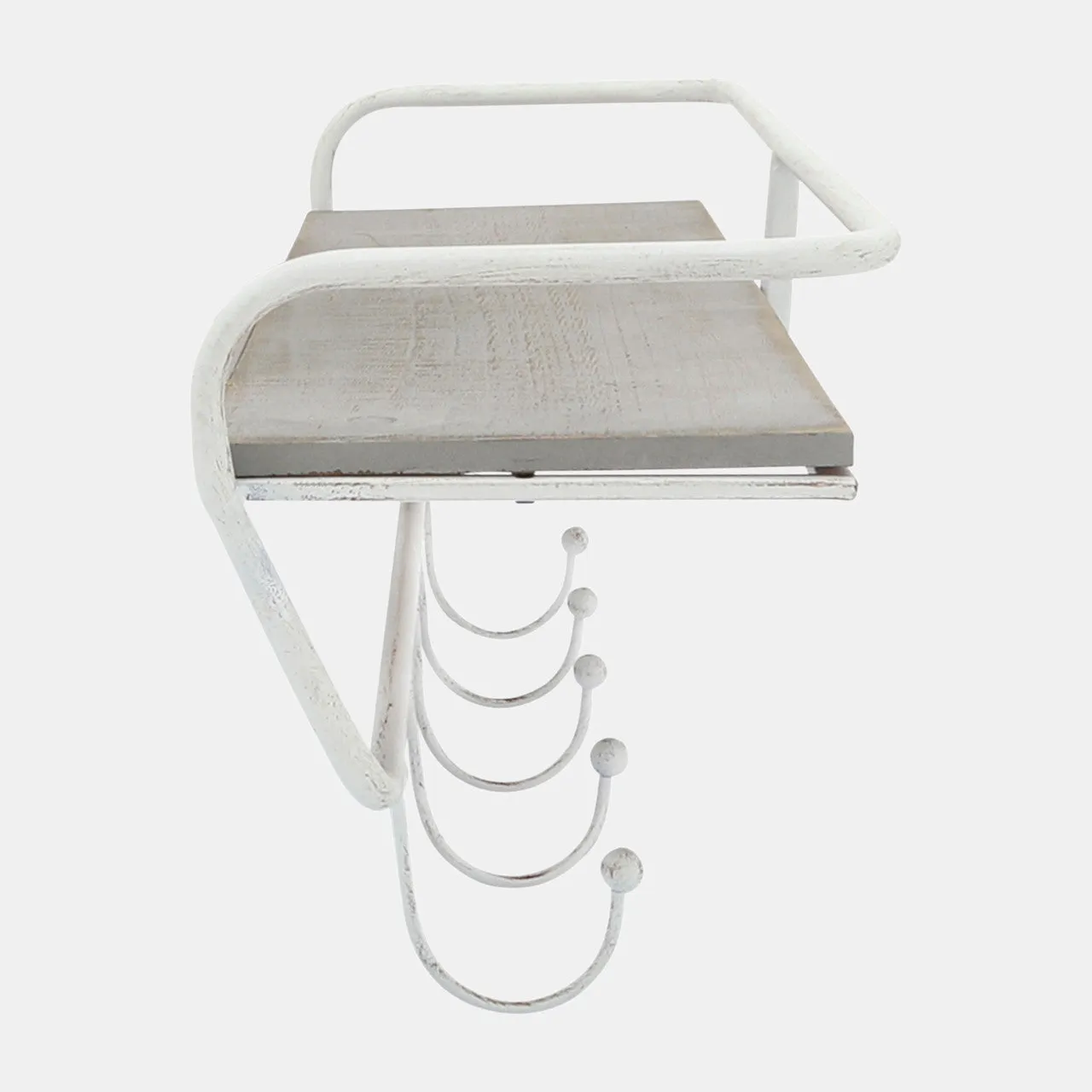 Metal/wood 20" 5 Hook Wall Shelf, White/gray