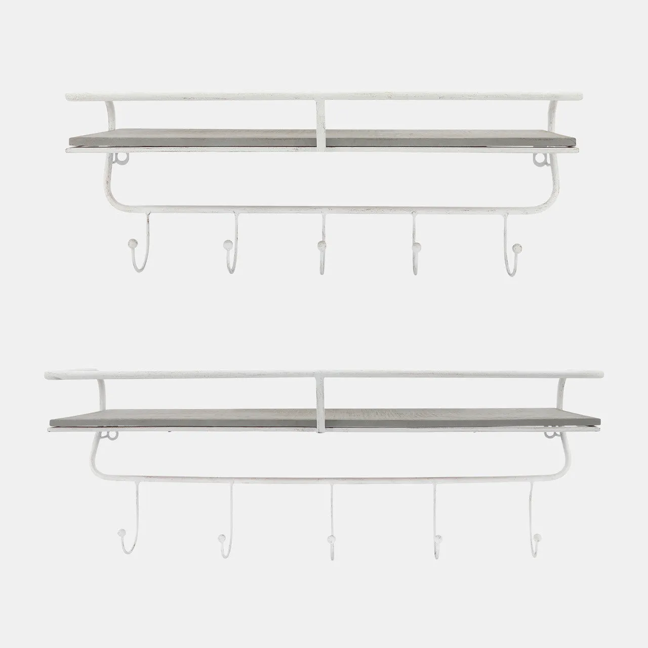 Metal/wood 20" 5 Hook Wall Shelf, White/gray