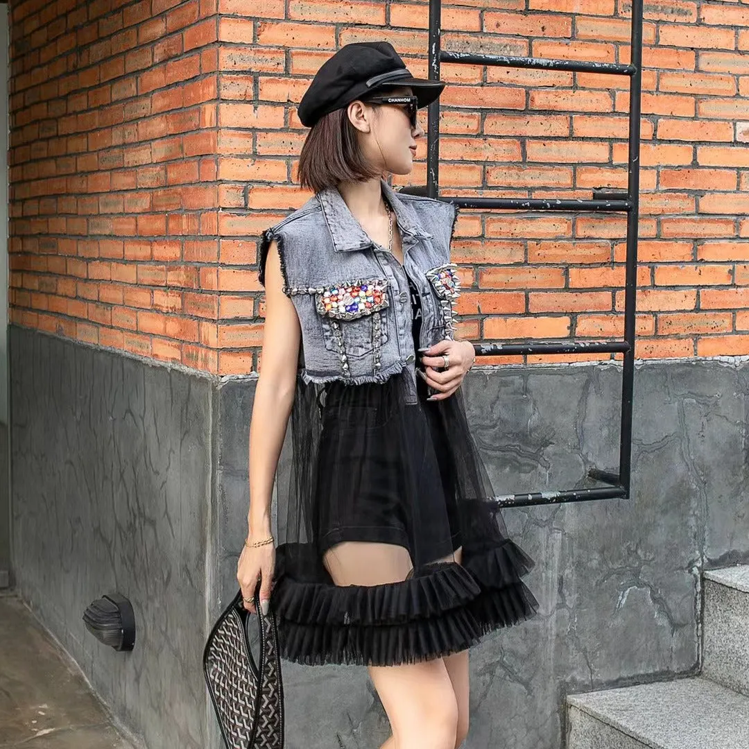 Patchwork Mesh Frayed Hem Denim Vest