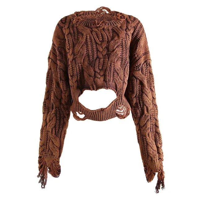 Pre Order:  Irregular Tassel Hollow Loose Short Knitted Sweater