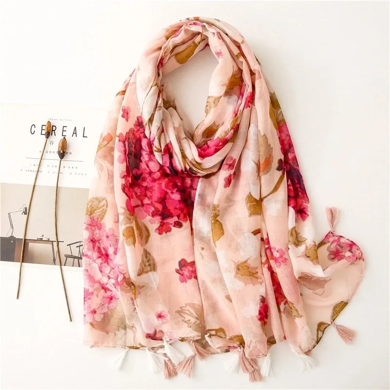 Retro Light Pink Flower Printing Silk Scarf