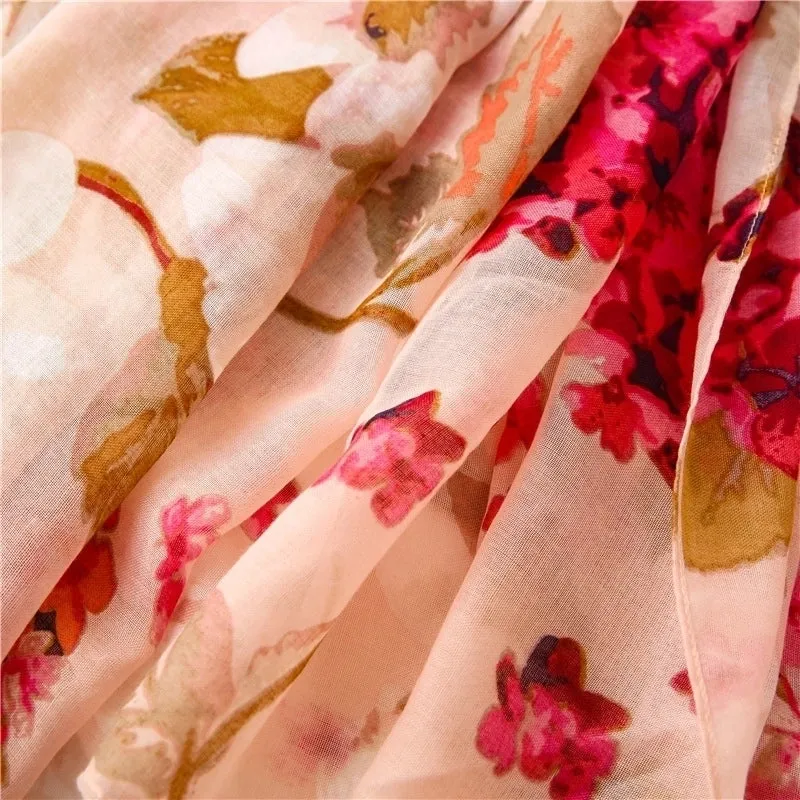 Retro Light Pink Flower Printing Silk Scarf