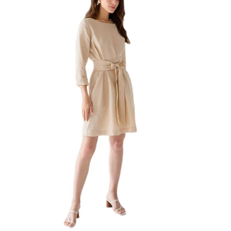 Sandy Peach Drawstring 100% Linen Womens Dress