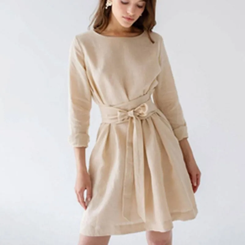 Sandy Peach Drawstring 100% Linen Womens Dress