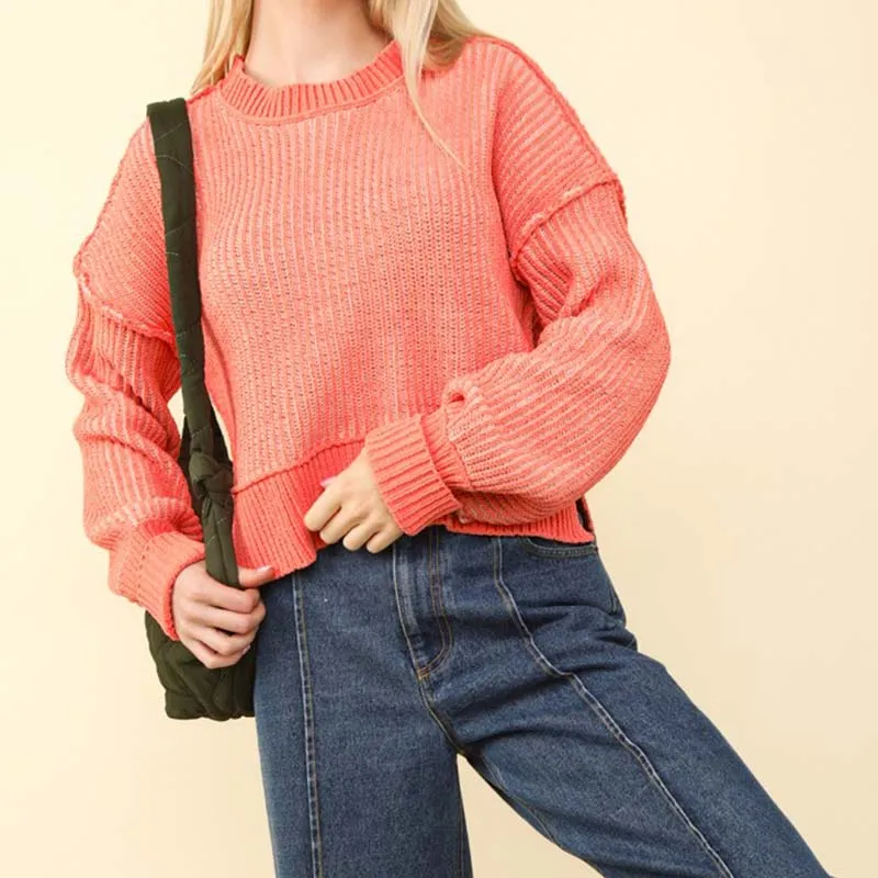 Two Toned Ribbed Hi-Lo Sweater