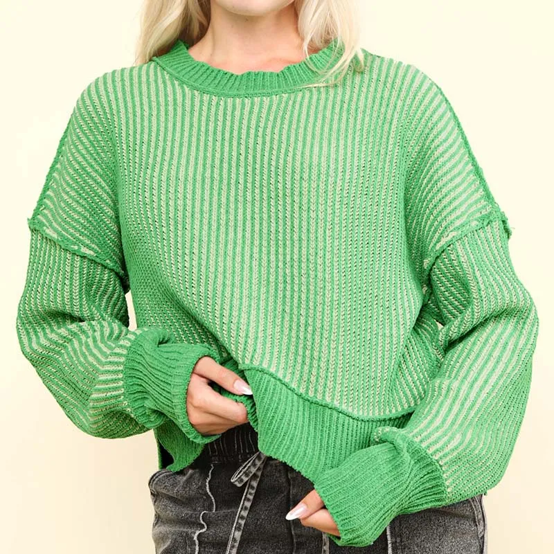 Two Toned Ribbed Hi-Lo Sweater