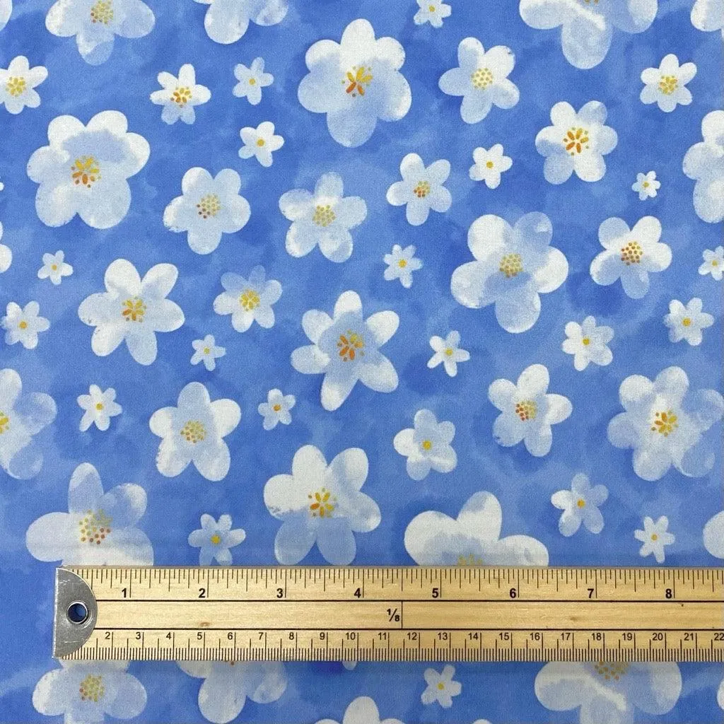 Watercolour Daisies on Blue Softshell Fabric