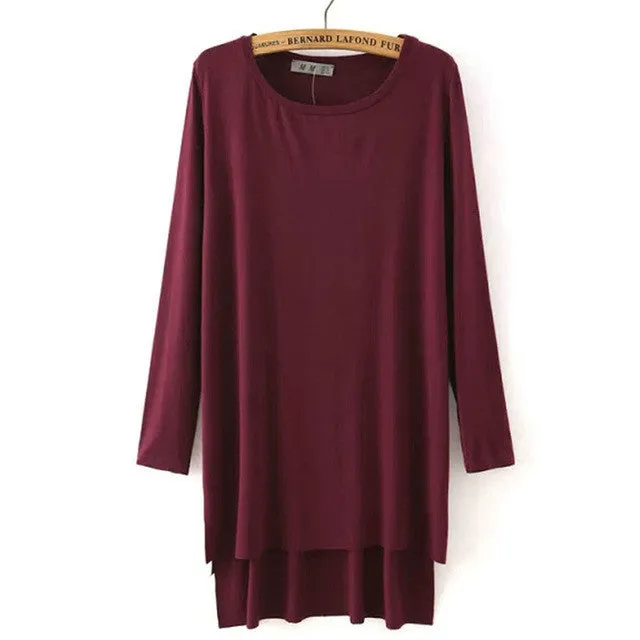 Women loose side split long T shirt O-neck long sleeve cozy shirts .