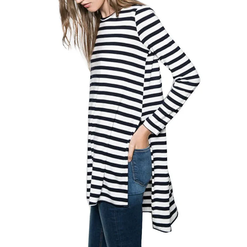 Women loose side split long T shirt O-neck long sleeve cozy shirts .