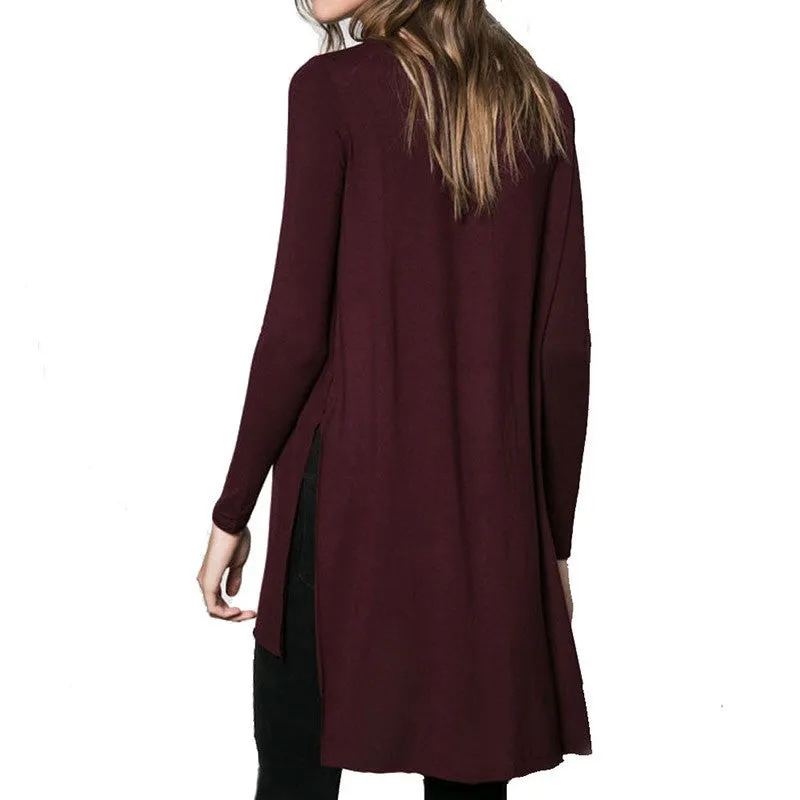 Women loose side split long T shirt O-neck long sleeve cozy shirts .