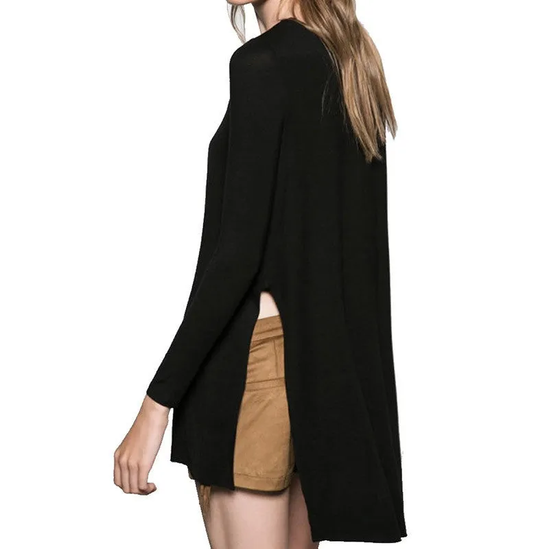 Women loose side split long T shirt O-neck long sleeve cozy shirts .