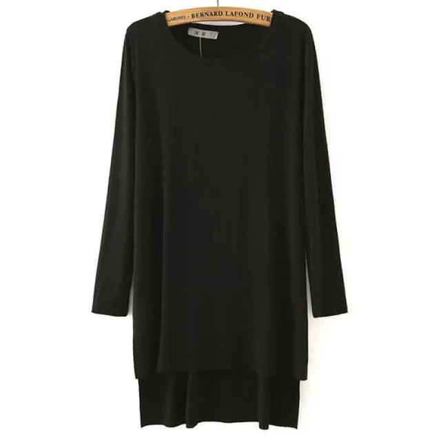 Women loose side split long T shirt O-neck long sleeve cozy shirts .